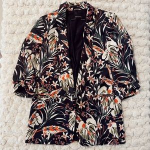 Three quarter sleeve floral silk blazer